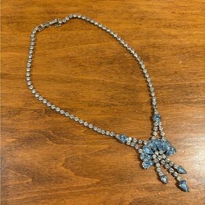 Vintage Clear and Blue Rhinestone Silver Necklace